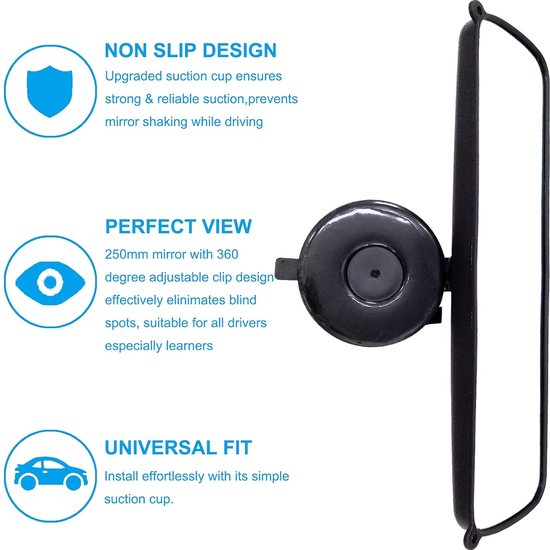 Achteruitkijkspiegel, rij-instructeur spiegel, auto-binnenspiegel met zuignap, universele auto-binnenspiegel voor auto, SUV, CRV, bestelwagen, vrachtwagen, 250x71mm