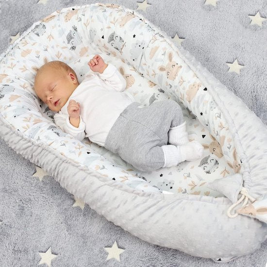 nestje voor baby's, 90 x 50 cm, knuffelnest voor pasgeborenen, van katoen, polyester, winter/herfst, cocon, babynest, binnen en buiten, uil, grijs