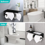 Toiletpapierhouder zonder boren, wc-rolhouder met plank, zelfklevend, wandmontage, aluminium, dubbele wc-rolhouder, wc-papierhouder, voor badkamer, 31 cm, zwart