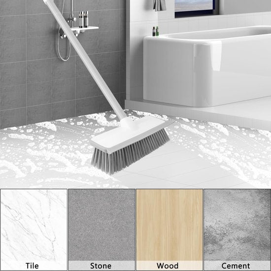 Vloerschrobborstel 2-in-1, schraperborstel met telescoopgreep, vloerschrobber met waterschuiver, bezem met stijve borstelharen voor het reinigen van tegels, badkamer, terras, garage, keuken