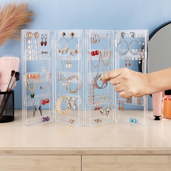 Opvouwbare acryl sieraden organizer - 5 lagen en 4 panelen voor het opbergen van oorbellen, armbanden en kettingen - biedt plaats aan 128 paar oorbellen - helder transparante sieraden organizer