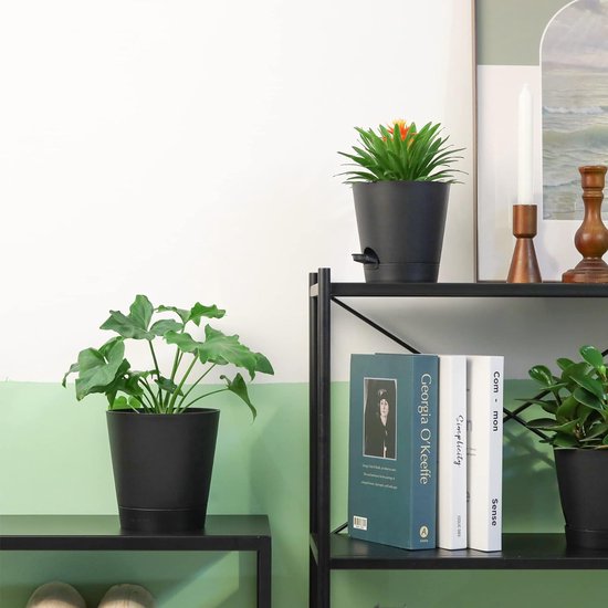 Bloempot, kunststof, met irrigatiesysteem, set van 6, zelfbewatering, met onderzetter, ronde plantenpot voor binnen en balkon, tuin, planten, vetplanten, cactussen, zwart