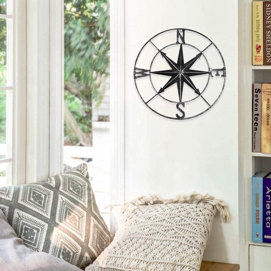 Distressed Metalen kompas wanddecoratie nautische decoratie slaapkamer woonkamer tuin kantoor wandbehang strand thema woondecoratie (zwart)