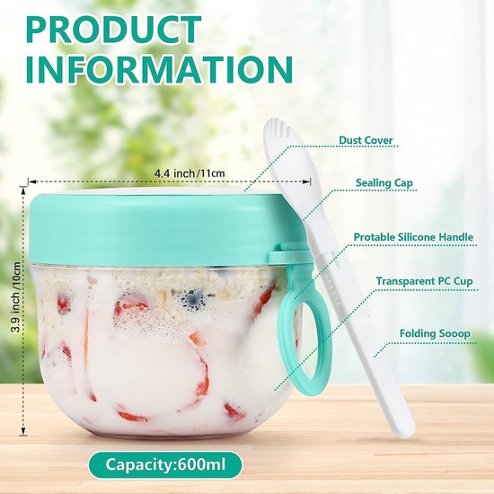 Overnight Oats potten set van 2, 600 ml Overnight Oat containers met deksel en lepel, magnetronverwarming, soepbeker, draagbare lekvrije plastic ontbijtbeker, yoghurtontbijtbeker