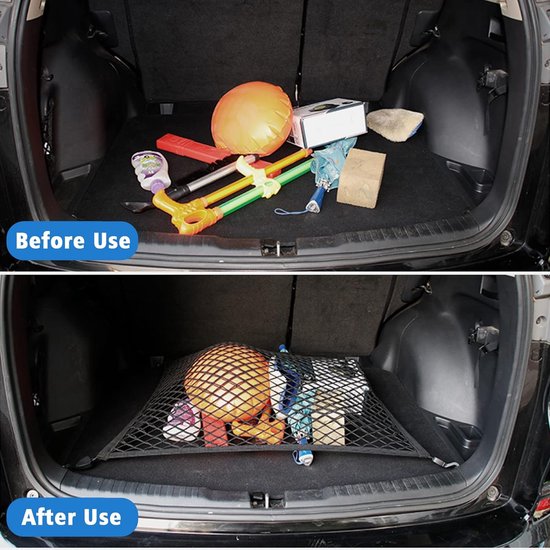 Kofferbaknet, bagagenet voor de auto, 80 x 60 cm, strekt zich uit tot 160 x 120 cm, universeel auto-net met 4 massieve haken, nylon super elastisch kofferbaknet, bagagenet