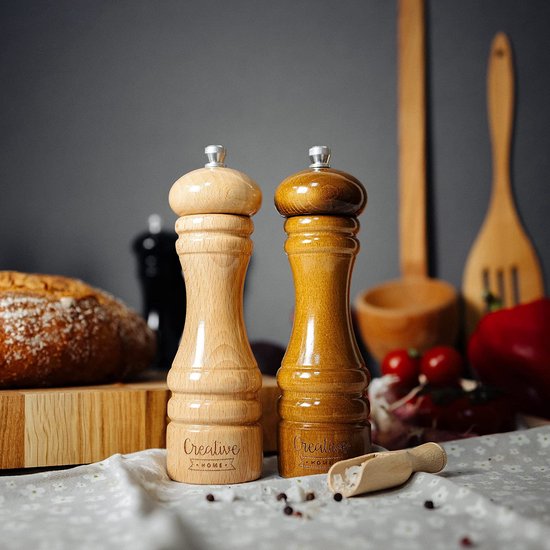 Creative Home Grote Houten Peper en Zoutmolen | Set van 2 met Mini Houten Lepel | 18 x 5 cm | Beukenhout | Handmatig