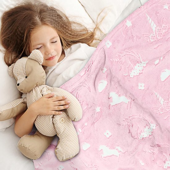 Knuffeldeken voor kinderen, meisjes, eenhoorndeken, knuffeldeken, licht in het donker, zachte woondeken, fleecedeken, roze glow in the dark deken, eenhoorn, cadeau, 150 x 130 cm