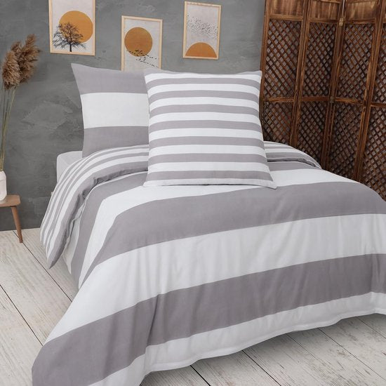 beddengoed 240x220 3-delig grijs & wit - Oeko-TEX 80% katoen & 20% polyester, 1x dekbedovertrek met ritssluiting + 2x kussensloop 65x65 met envelopsluiting, nog steeds model