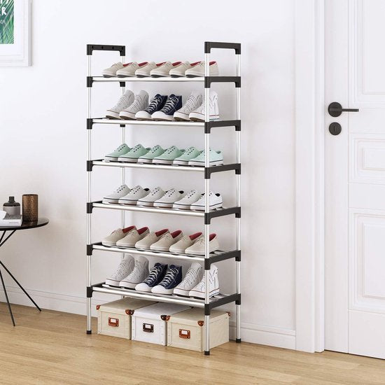 6-laags zilveren verstelbare schoenenrekken, schoenenopslag, hoge schoenenrek, organizer, plankhouder, standaard voor 18 paar schoenen, 56 x 30 x 110 cm, extra robuuste constructie