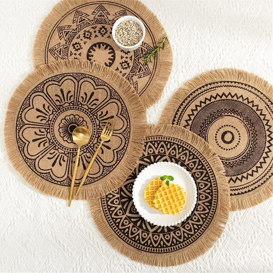 Set van 4 ronde placemats, Mandala Boho placemats met kwast, rustieke jute placemats voor eetkamer, keuken, tafeldecoratie (4 stuks, A)