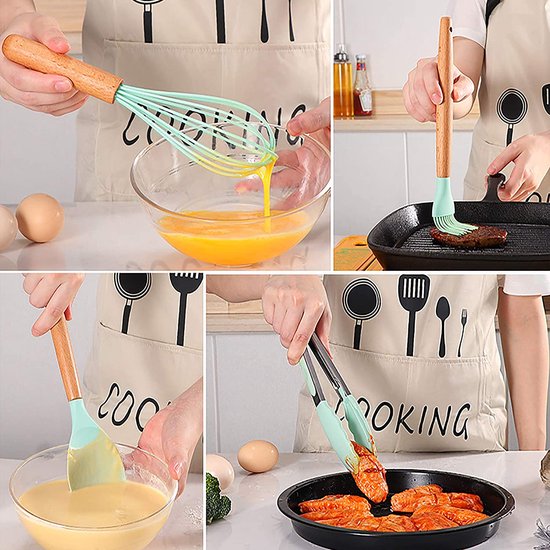 Siliconen kookgerei 33 stuks, hittebestendige keukenset met houten handvatten, spatel, eenvoudig te reinigen kookgerei met antiaanbaklaag. Geschikt voor keuken beginners en professionals (groot)