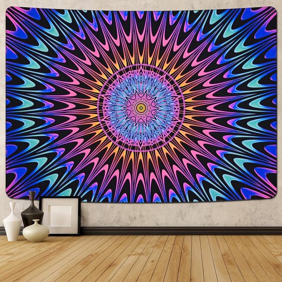 Blacklight kleurrijk kleurrijk mandala wandtapijt, uv-reactieve kunst wanddoek, psychedelisch hippie wandtapijt, esthetisch wandtapijt, huisdecoratie boho wandtapijt voor slaapkamer party,