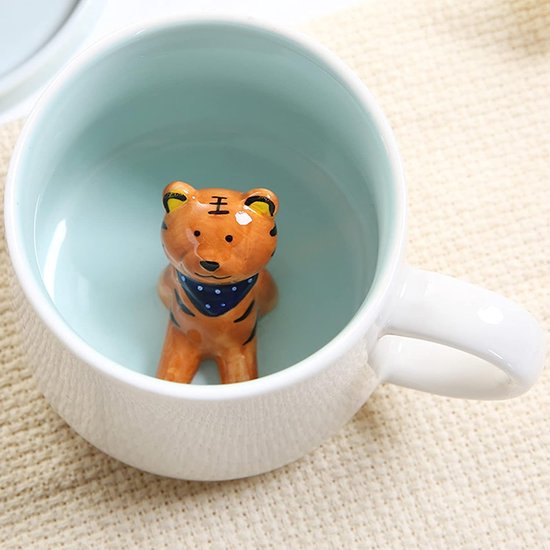 Mok tijger zoete koffiemok, keramiek, theekopje met lepel en onderzetter, 350 ml, groot, 3D-koffiemok, grappige kop, espressokopjes, koffiekop, cappuccinokop, schattig cadeau (Tiger)