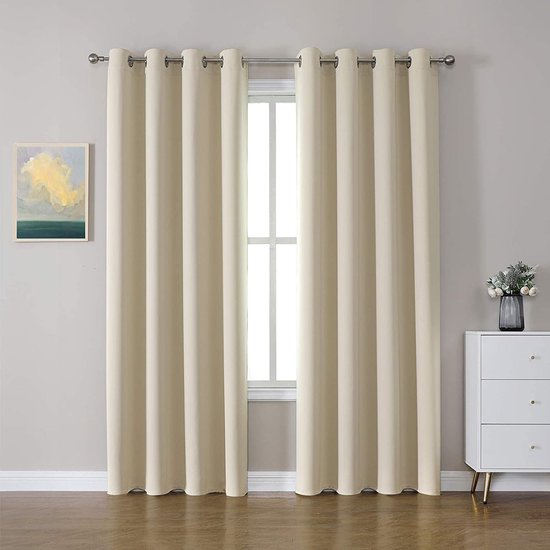 Set van 2 warmte-isolerende, superzachte gordijnen, raam behandeling, verduisteringsgordijnen voor slaapkamer, woonkamer, kinderkamer, 245 x 140 cm, beige gordijn met inslagringen
