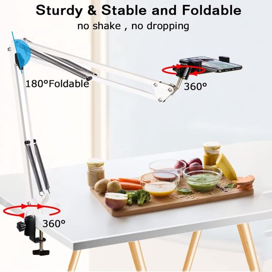 Mobiele telefoon gelede armsteun, webcamstandaard, schaarstatief met smartphoneklem en 1/4" schroef lange mouw mobiele telefoonhouder gelede armsteun (wit)