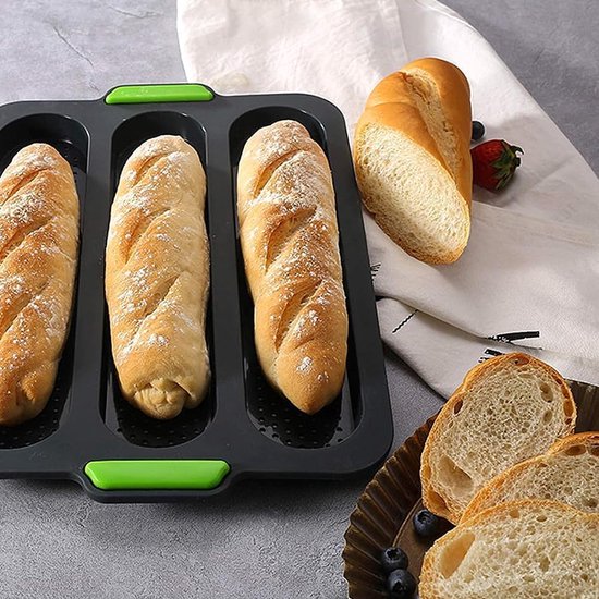 Stokbrood bakvorm, 3 sleuven siliconen stokbrood bakplaat, stokbrood siliconen mal, broodbakvorm, antiaanbakbroodje bakvorm, hotdogbroodje bakvorm