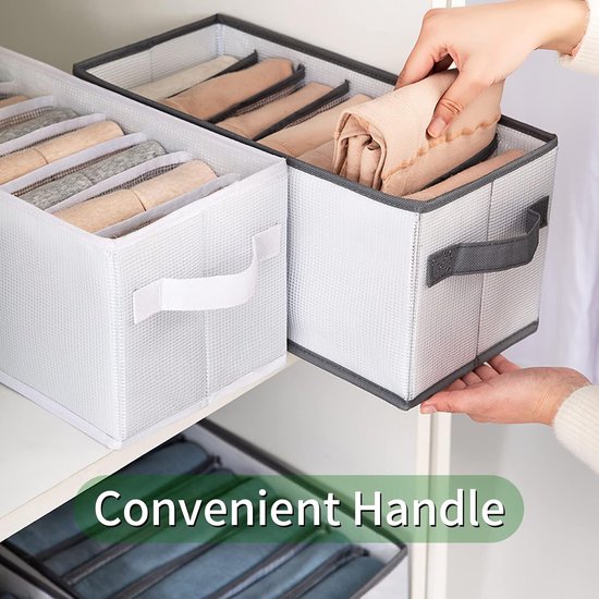 Lade-kledingorganizer, 7 vakken, opvouwbare kledingkastscheidingswanden met handvat, multifunctionele kastopbergdoos, opvouwbare kastorganizer, set van 2 (grijze rand)