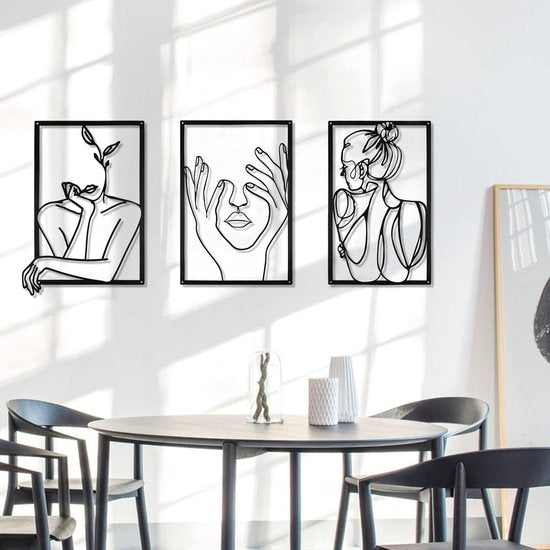 3 stuks zwarte wanddecoratie van metaal, minimalistische wanddecoratie kunst, moderne abstracte vrouwelijke lichaamsdecoratie voor slaapkamer, woonkamer, badkamer, balkon, galerij