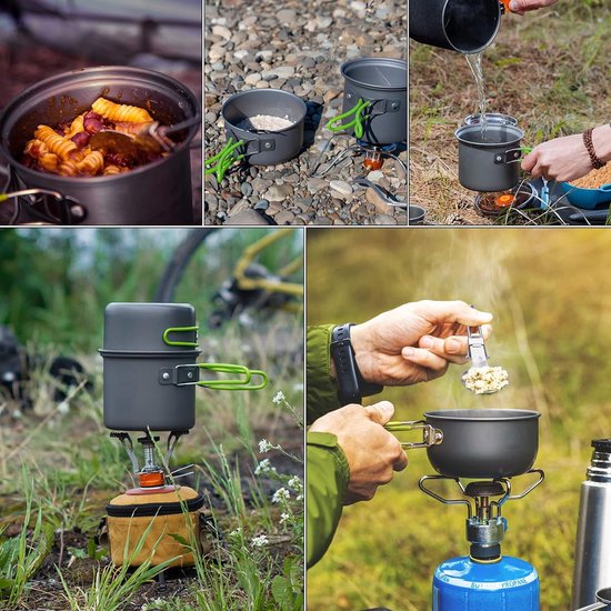 Campingpannenset, aluminium kampeerpot, buitenkookgerei met opvouwbaar bestek, campingservies voor 2 personen, campingservies voor wandelen, vissen, picknick, FDA-gecertificeerd
