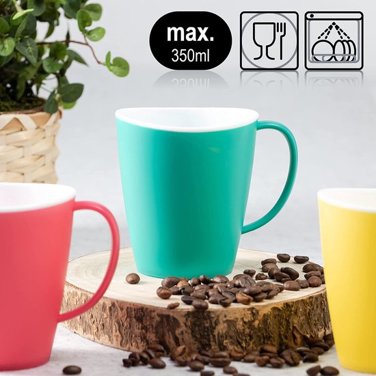 6 x koffiekopjes met handvat, herbruikbare drinkbekers van kunststof, plastic bekers in bonte kleuren, onbreekbare theepot (06 stuks, 350 ml, groen/geel/rose)