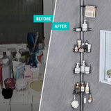 Telescopische doucheplank, 190-310 cm, in hoogte verstelbare doucheplank zonder boren, roestvrij staal, hoekrek, badkamerrek met 4 x manden, 4 x haken en 1 x handdoekhouder voor handdoek,