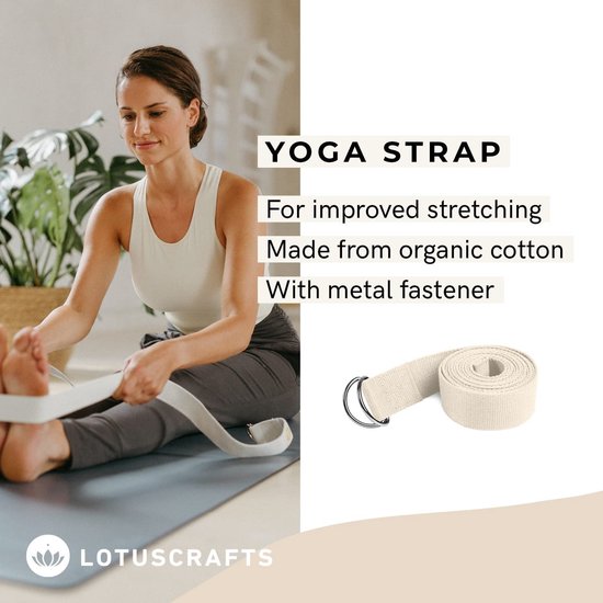 Lotuscrafts yogaband - 100% katoen (KBA) - voor betere stretching - voor beginners en gevorderden - yogaband met metalen gesp [250 x 3,8 cm]