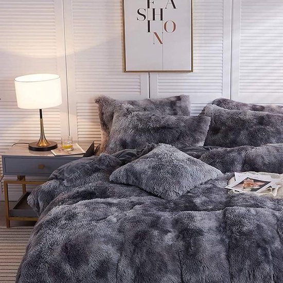 Pluche beddengoedset, 200 x 200 cm, grijs, antraciet, warm, winter, langhaar, wollig, flanel, omkeerbaar beddengoed, kasjmier, touch, fleece dekbedovertrek met ritssluiting en 2 kussenslopen