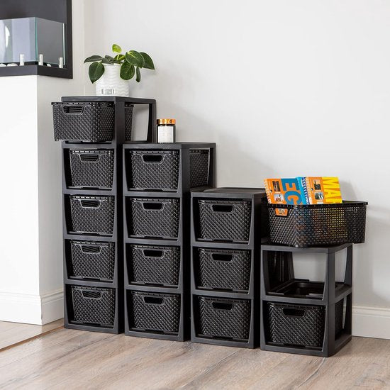 Home essentiële plank in rotan design, BPA-vrij kunststof PP, zwart, 29,5 x 24 x 80 cm, 5 manden.