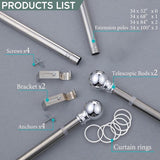 Uittrekbare gordijnroede, roestvrij stalen gordijnroede met 2 houders voor slaapkamer, kinderkamer, kantoor, zilver, 86 tot 132 cm