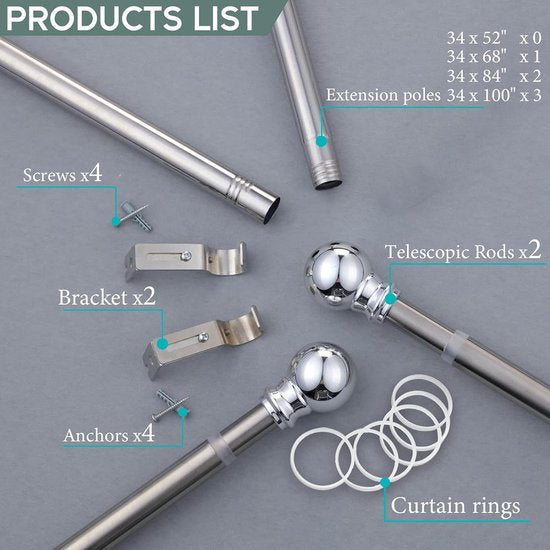 Uittrekbare gordijnroede, roestvrij stalen gordijnroede met 2 houders voor slaapkamer, kinderkamer, kantoor, zilver, 86 tot 132 cm