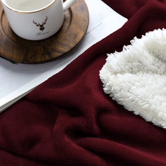 Bankdeken, knuffeldeken, 210 x 240 cm, warme Sherpa-bank, werpdeken, dikke bankdeken, bankdeken, pluizige deken voor bank, Bordeaux