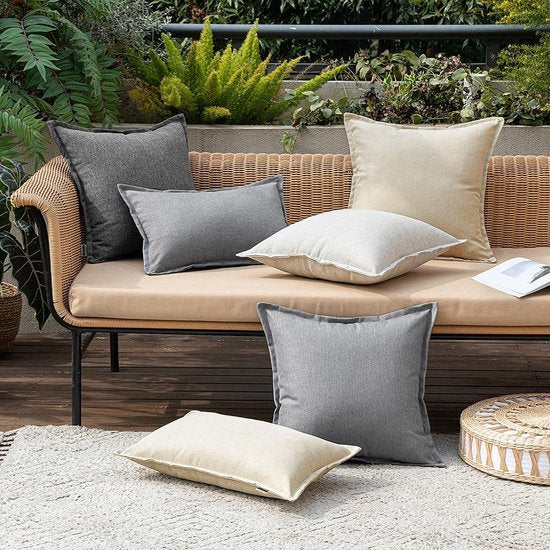 Outdoor kussen, weerbestendig, kussenovertrekken, waterdichte decoratieve kussenslopen, linnenlook, decoratief kussen voor tuin, bank, woonkamer, slaapkamer, set van 2, 50 x 50 cm, donkergrijs