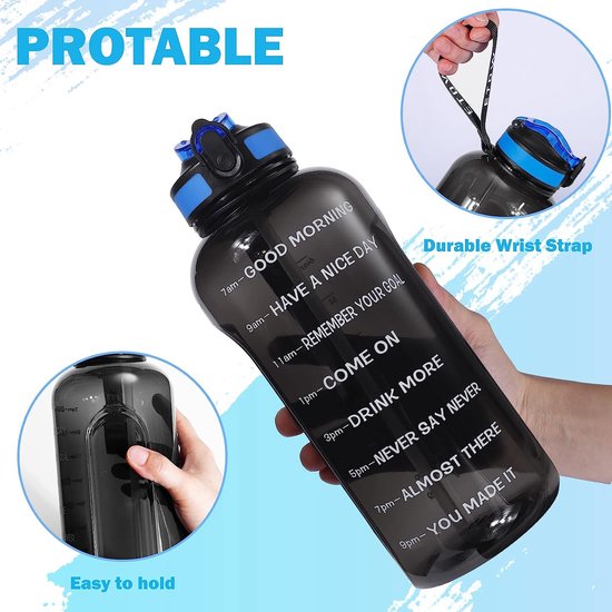 Drinkflessen met stro, BPA-vrije Tritan, 2 liter, motiverende Waterfles met tijdstempel, lekvrije Sportwaterflessen voor Sportschool, Kamperen, Yoga, reizen, kantoor, Zwart