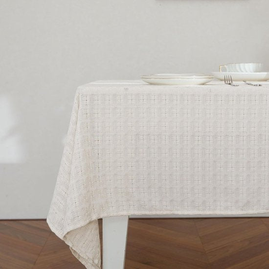 linnen tafelkleed Boho geruit opengewerkt tafelkleed moderne decoratie voor bruiloft 1 stuk tafelkleed beige verjaardag linnenlook tafellinnen keuken 130 x 240 cm