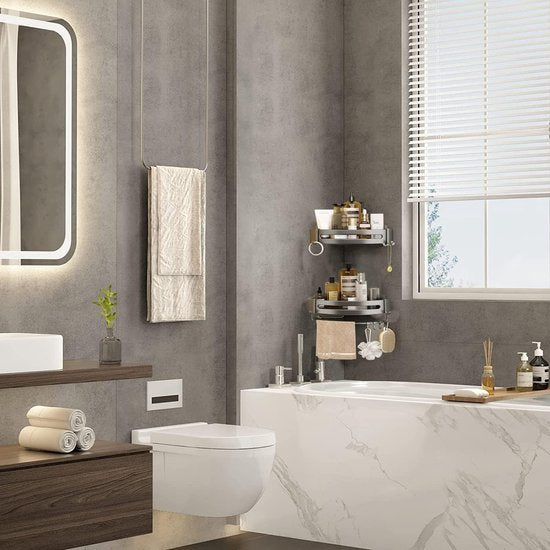 Shower Shelf No Drilling, Shower Shelf Corner Bathroom Accessories with 4 Hooks, Aluminium Shower Shelf, Bathroom Shelf, No Drilling for Kitchen, Bathroom, Shower Basket for Hanging, Pack of 2