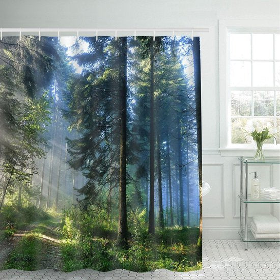 Forest Shower Curtain, Green Anti-Mould Shower Curtains, Textile Waterproof Shower Curtains, Bathtub, Washable with 12 Hooks, 180 x 200 cm