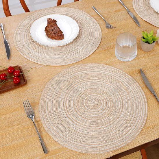 Set van 6 ronde geweven katoenen handgemaakte placemats afveegbare placemats glitter voor vakantiefeest, bruiloft