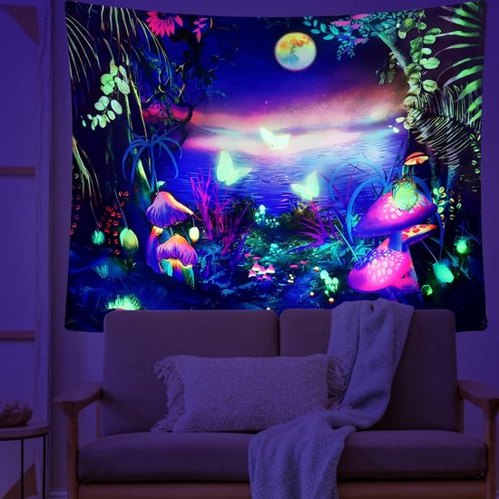 Blacklight Mushroom wandtapijt, melkweg, maan, wandtapijt, uv-reactieve poster, plant, landschap, wandtapijt, vlinder, esthetisch wandkleed voor slaapkamer, woondecoratie