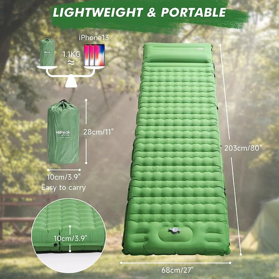 Isomat, campingmatras, opblaasbare isomat met kussen, ultralichte draagbare isolatiemat, outdoor met voetpomp, luchtmatras, camping voor reizen, tent, strand