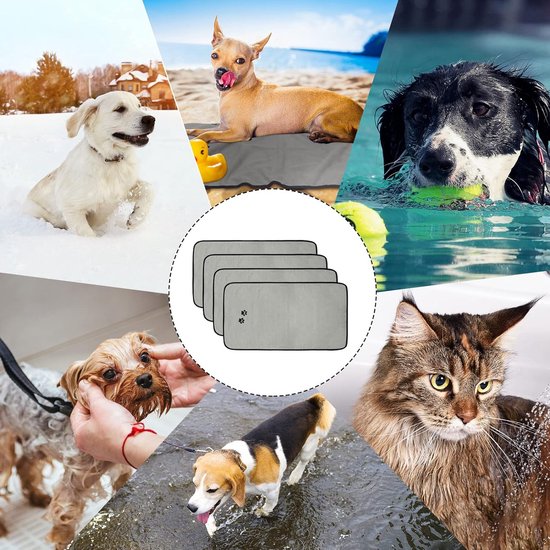 Set van 4 microvezel hondenhanddoeken, zacht, absorberend, huisdierbadhanddoek, droogverzorgingshanddoek met geborduurde poten, voor katten, badverzorging, grijs, 90 x 50 cm