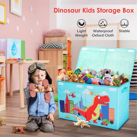 Storage Box with Lid for Children, Large Foldable Oxford Toy Box with Handle for Boys, Waterproof, Robust Toy Storage in Children's Room, 65 x 30 x 40 cm (Red Dinosaur)