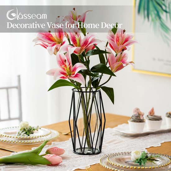 Glazen bloemenvaas met geometrische metalen plankstandaard, kristalheldere terrariumplantenbak, knopglasvazen voor bloemen, hydrocultuurplant, middelstuk voor bruiloft op thuiskantoor, zwart, 21,5 cm