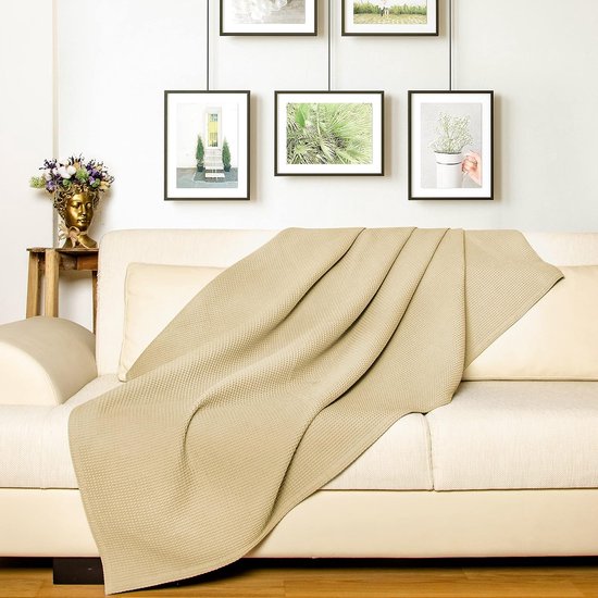 Premium sprei 240 x 260 cm XXL - wafelpiqué 100% katoen - lichte woondeken wafellook - katoenen deken bedsprei, bankovertrek - bankdeken (taupe)