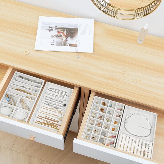 Sieradenbak-organizerset met 4 sieradenkommen, stapelbare sieradenlade-organizer, sieradeninzet sieradenopslag voor kettingen, armbanden, oorbellen, ringen, horloges - warm wit