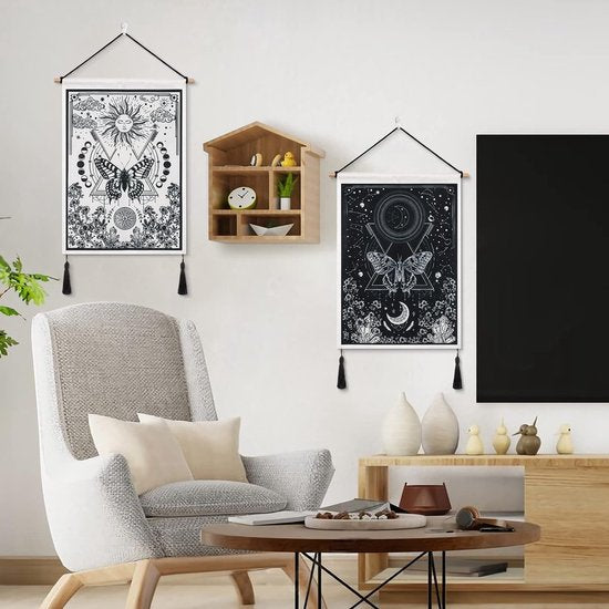 Pack of 2 Small Tapestries with Tassels, Sun and Moon Tapestry Tarot Wall Hanging Butterfly Moth Tapestry Black and White Tapestry for Bedroom Aesthetics (Moon Eclipse)