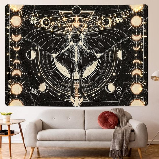 Wandtapijt, zwart, wandtapijt, zon, maan, wandtapijt, natuurlijke horoscoop, decoratief wandtapijt voor slaapkamer, 210 x 150 cm