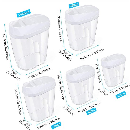 Opslagcontainers, set van 5 BPA-vrije voedselopslagcontainers voor ontbijtgranen/cornflakes