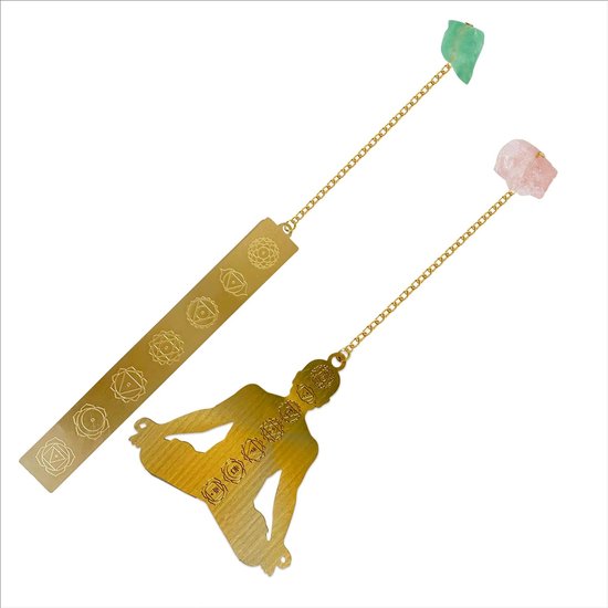 Metalen boekenlegger Boeddha & chakra in gouden look met ketting en helende steen, 2 stuks cadeau voor boekenliefhebbers, studenten, vrouwen voor Kerstmis, verjaardag (rozenkwarts & groene