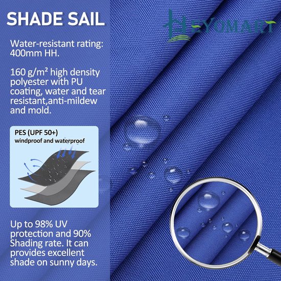 Triangular Sun Sail, Waterproof, Sun Protection, Includes Mounting Ropes, PES (Polyester), with UV Protection, for Garden, Patio, Camping, 2 x 2 x 2 m, Blue