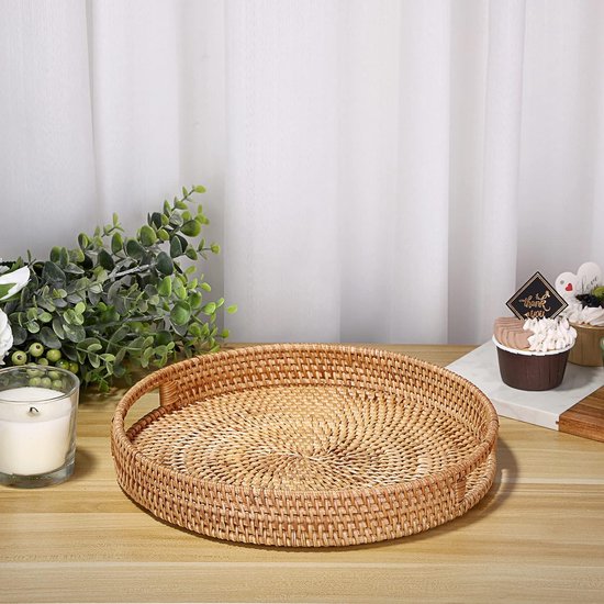 Rond rotan dienblad met handgrepen, decoratief dienblad voor drankjes, ontbijt, thee, kaars
